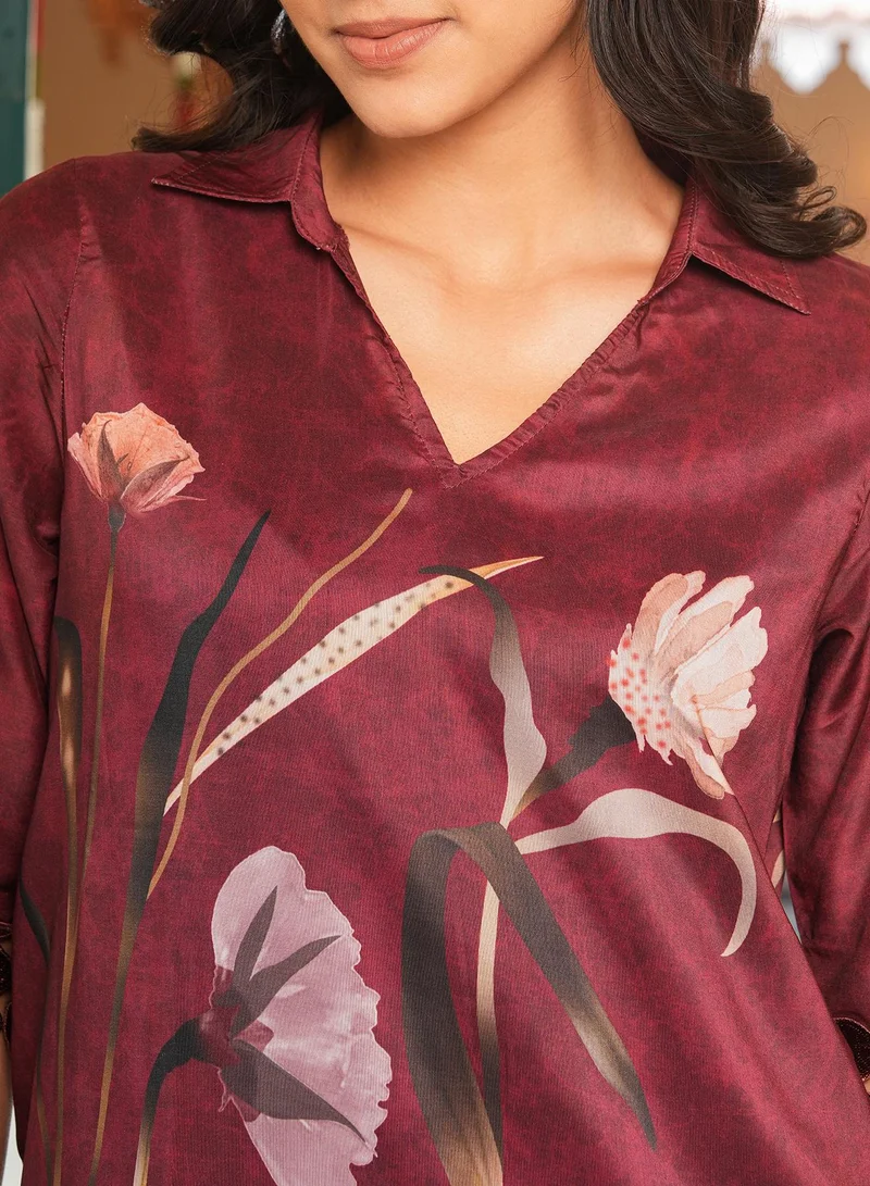 Qissa  Women's Burgundy Red Bloomera Imprint Kurta Set For Casual Wear | Spread Collar | Quarter Regular Sleeves | 2 Piece Kurta Set Designed With Comfort Fit For Everyday Ethnic Wear for Women | Best Price UAE